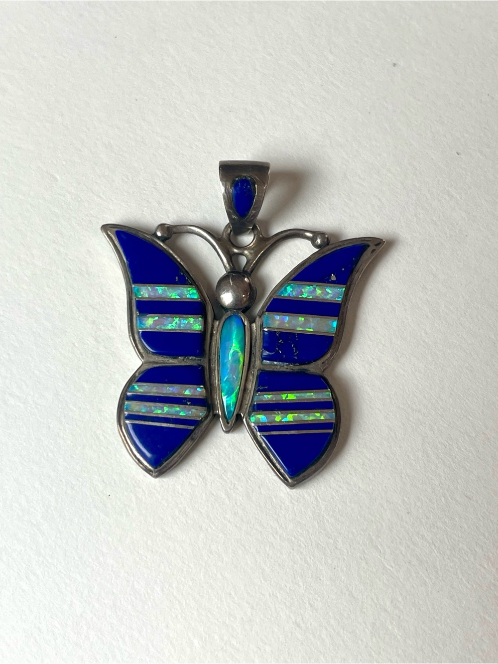 Sterling Silver Butterfly Pendant with Lapis  and Opal Inlay